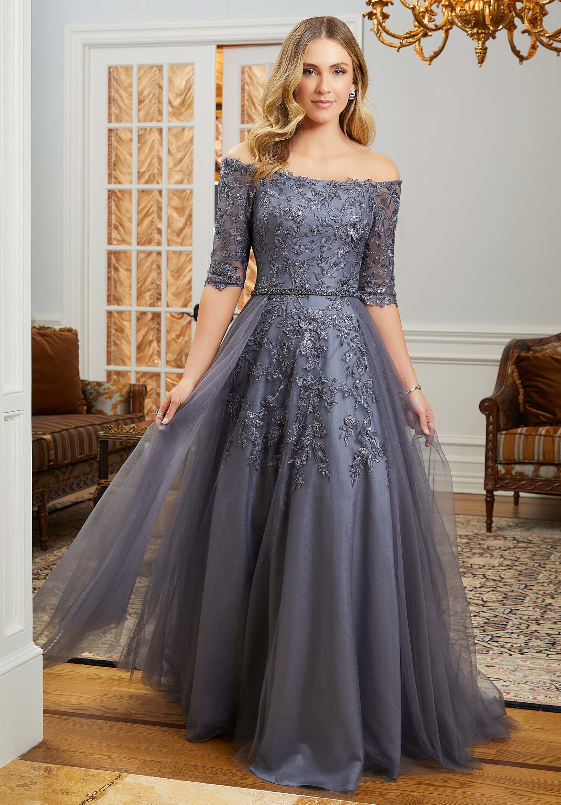 Elegant mother of the bride gown in a refined editorial setting