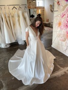 Wedding Dress Haley Mai Bridal Mikado Short Sleeves Bow Aline