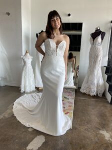 Ashanti 7597 beaded lace top crepe sheath strapless wedding dress with lace on train