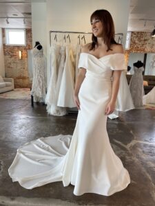Off the Shoulder Mikado Wedding Dress at Fort Worth Bridal Shop Haley Mai Bridal