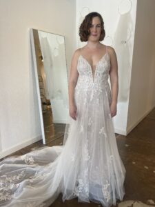 Essense of Australia D3707 illusion skirt over jersey fit and flare with lace appliques and cage train