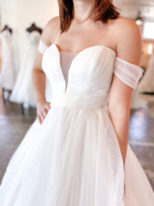 Haley Mai Bridal Glitter tulle layered skirt off the shoulder wedding dress