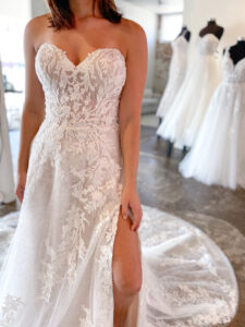 Justin Alexander 88282 strapless lace wedding dress with sequin glitter tulle and side slit in fort worth bridal shop