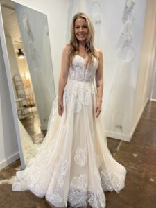 Boho lace sweetheart plunge lace wedding dress strapless by Haley Mai Bridal