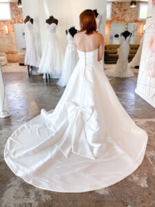 Justin Alexander 88261 MIkado strapless wedding dress with built in bustle bow on train