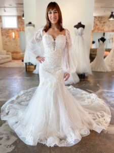 Fabiana 2475 Morilee wedding dress mermaid lace applique with bishop sleeves