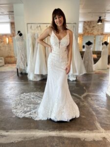 Haley Mai Bridal lace wedding dress with cage train and side cutouts