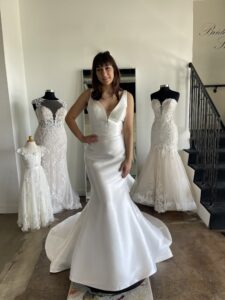 Clean and Classic v neck fit and flare wedding dress by Haley Mai Bridal