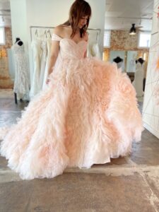 Morilee 4119 Josefina textured layered tulle wedding dress pink off the shoulder in fort worth bridal shop