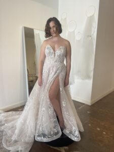 Madison Hames MJ913 Floral Lace wedding dress with slit strapless