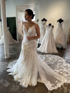Haley Mai Bridal scalloped lace train on fit and flare gown