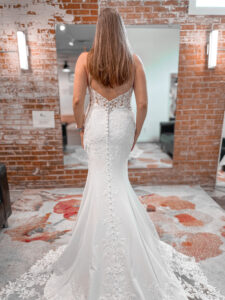 Haley Mai Bridal Crepe and Lace fit and flare scalloped train wedding dress