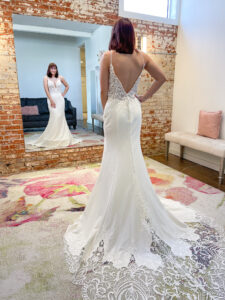 Haley Mai Bridal Scroll lace plunge crepe wedding dress
