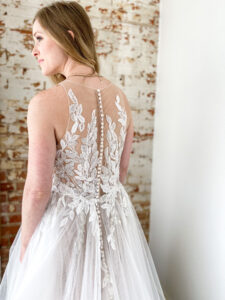Madison James MJ750 high neck sequined lace a=line wedding dress leaf lace