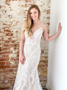 Essense of Australia D3238 boho lace fit and flare wedding dress in fort worth bridal shop