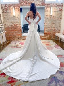 Essense of Australie D3404 clean and classic fit and flare mikado wedding dress with back bow detail