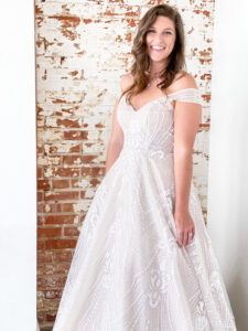 Stella York 7336 glitter pattern off the shoulder wedding dress