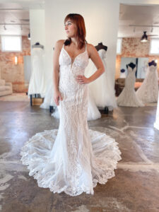 Essense of Australia D3488 boho lace slim line wedding dress with long train