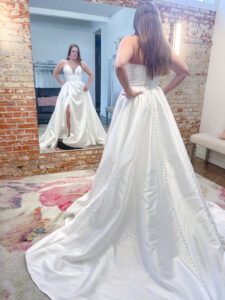 Jimme HUang BG-201001 Tracy wedding dress dupioni with couture neckline, side slit and pockets