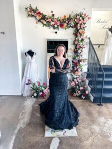 Model wearing a black wedding dress from the Bliss Noir Collection at Bliss Bridal Salon in Fort Worth.
