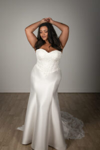 Stella York wedding dress SY8163 with strapless corset bodice, lace appliqués, and dramatic Mikado fit-and-flare silhouette