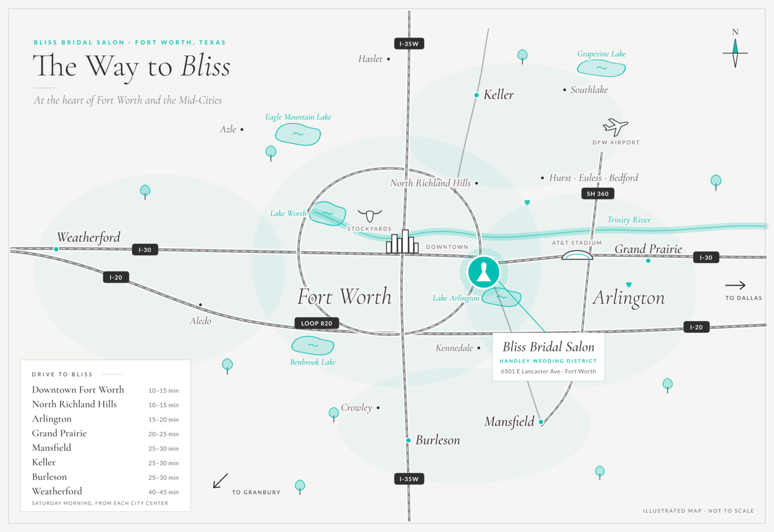Illustrated map showing Bliss Bridal Salon in Fort Worth's Handley Wedding District, with drive times from Keller, Arlington, Mansfield, Burleson, Weatherford and nearby cities